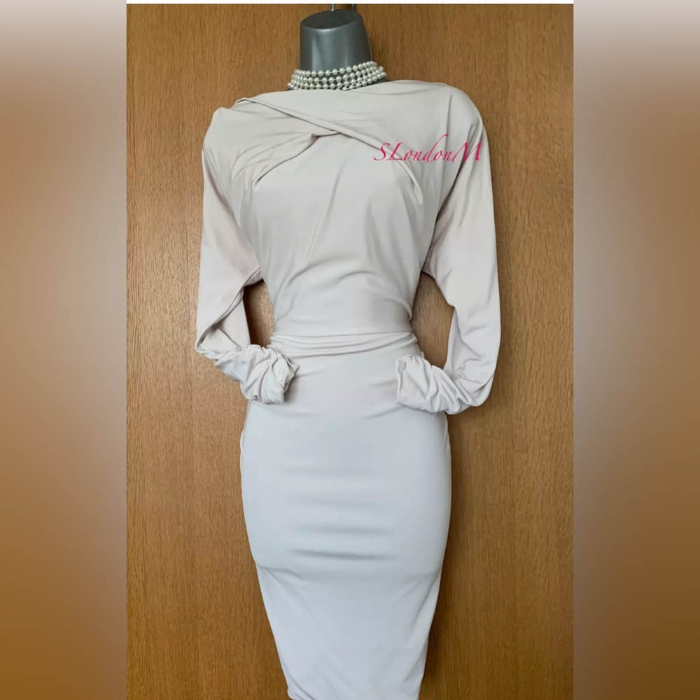 Karen Millen Ruched Jersey Cocktail Casual Dress 10 UK SIZE 6 Tan